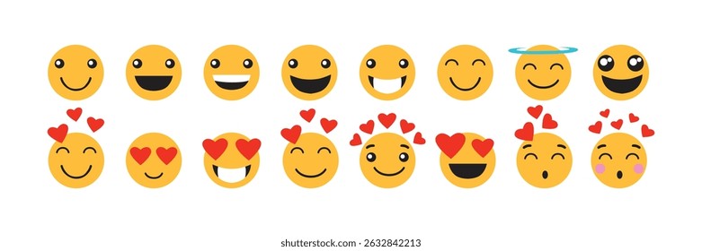 Various emotion icon Set. Yellow emoji symbol. Smiley collection. Emotions. Social media emoji icons. Vector illustration