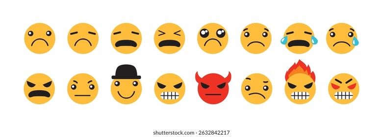 Various emotion icon Set. Yellow emoji symbol. Smiley collection. Emotions. Social media emoji icons. Vector illustration