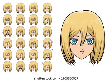 Various Emotion Manga Anime Blonde Girl Faces Cartoon Set