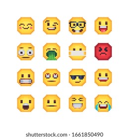 Various emotions cute faces pixel art icon set. Funny cartoon characters. Smiling emoticons. Mood. Facial expressions. cool, disgust, laughter, tears, wink, shock and evil. Isolated vector. 8-bit.