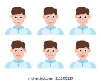 Various emotions for kids. Friendly, joyful, happy, sad, angry, surprised. Cute young boy emoji with different facial expressions. Vector illustration in cartoon style.