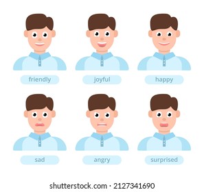 Various emotions for kids. Names of emotions: friendly, happy, happy, sad, angry, surprised. Cute young boy emoji with different facial expressions. Vector illustration in cartoon style.