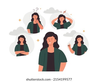 Various emotions and mood changes. Woman smiling, sad, angry and thinking. PMS or different behavior expression. Character experiences positive and negative feelings. Cartoon flat vector illustration