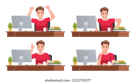 Various emotions of a person working in the office at the computer. The employee rejoices, in horror, in thought, an idea came. Man working at a computer. Businessman at his desk. Vector illustration