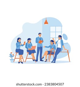 Various employees gathered together in the office. Discuss together and exchange ideas for new projects. Teamwork meeting concept.  trend modern vector flat illustration