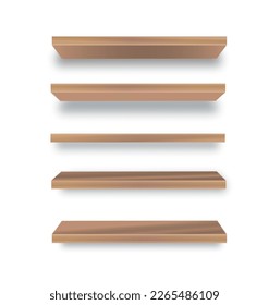 Various empty wooden store shelves set. Grocery rack. Vector