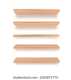 Various empty wooden store shelves set. Grocery rack. Vector