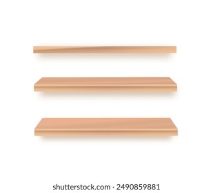 Various empty wooden store shelves set. Grocery rack. Vector