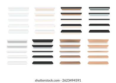 Various empty wooden store shelves set. Grocery rack. Vector