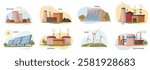 Various energy sources illustrated, including renewable and non-renewable types. Vector illustration