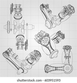 Various engine components, pistons, chains, nozzles and valves are depicted in the form of lines and contours. 3D drawing of assembly and parts