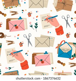 Various Envelopes with mail, postmarks, Postcards. Different objects, Craft paper, scissors, twine, sealing wax, handmade cards, confetti. Hand drawn Vector Seamless Pattern. Background, wallpaper