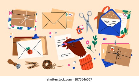 Various Envelopes with mail, postmarks, Postcards. Different objects, Craft paper, scissors, twine, sealing wax, handmade cards, confetti. Hand drawn big Vector set. All elements are isolated