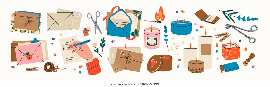 Various Envelopes with mail, postmarks, Postcards. Sealing wax, handmade cards. Decorative wax candles for relax and spa. Matches, candle snuffer. Hand drawn big Vector set. All elements are isolated