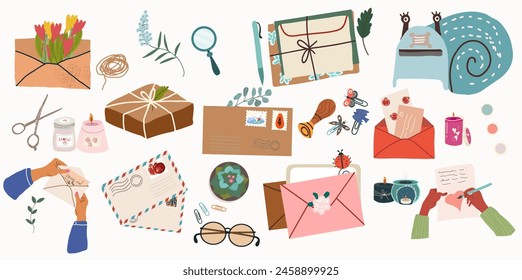 Various Envelopes with mail, postmarks, Postcards. Sealing wax, handmade cards. Decorative wax candles for relax and spa.  Hand drawn vector set. All elements are isolated.