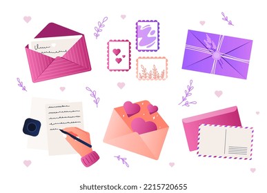 Various envelopes set. Collection of graphic elements for website. International communication and interaction, business correspondence. Cartoon flat vector illustrations isolated on white background