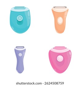 Various epilator icons set cartoon vector. Woman electric shaver. Hair removal treatment