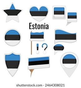 Varias banderas de Estonia colocadas en mástil, bandera de mesa, marca, insignia de estrella y diferentes insignias de Formas. Pegatina patriótica estonia