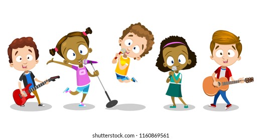 Various ethnicity children play music instruments together. Boys play acoustic and electric guitars. Girls sing with microphones. Happy kids music band. Music school activity vector illustration.