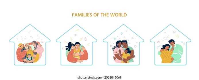 Various ethnicity happy families hugging. Latin american, african american, european, caucasian, asian. Loving parents, pregnancy, couple, elderly and young people at home. Doodle vector illustration