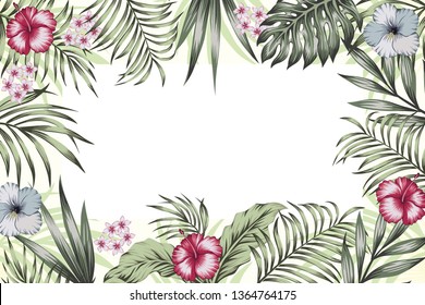 Various event invitation card template. Exotic tropical jungle rainforest green palm tree and monstera leaves hibiscus flowers border frame on the white background. Horizontal layout