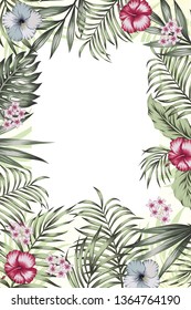 Various event invitation card template. Exotic tropical jungle rainforest green palm tree and monstera leaves hibiscus flowers border frame on the white background. Vertical layout