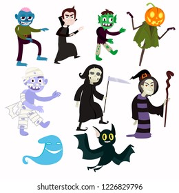 Various evil pesonazhie allowing fun to celebrate the holiday. Zombies, a pumpkin instead of a head, a bat, a vampire and others.