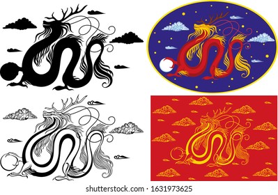 Various examples of color variation of the image of a stylized oriental dragon.