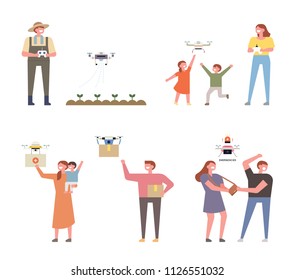 Various examples where drones are useful. flat design style vector graphic illustration set