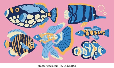 Vários peixes exóticos set. Espécies diferentes. Bonito aquário colorido, mar, peixes do oceano. Ilustração de vetor desenhada à mão. Elementos de design isolados. Vida selvagem subaquática tropical, conceito de recife de coral