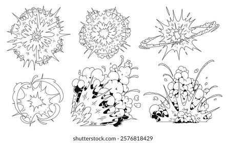 Various explosion effects are illustrated in black and white. Each depiction shows different styles and shapes highlighting dynamic blasts and energy release.