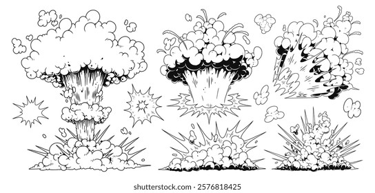 Various explosive clouds are depicted illustrating different types of explosions. The drawings feature billowing smoke dynamic bursts and surrounding debris conveying intensity and energy.