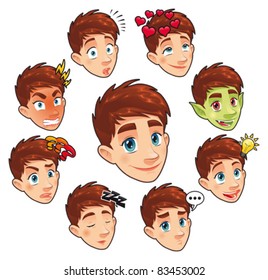 Various expressions of boy. Funny cartoon and vector isolated characters