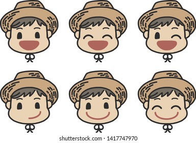 Various expressions of a boy wearing a straw hat