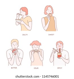 Various expressions of characters expressing various food tastes. hand drawn style vector design illustrations.