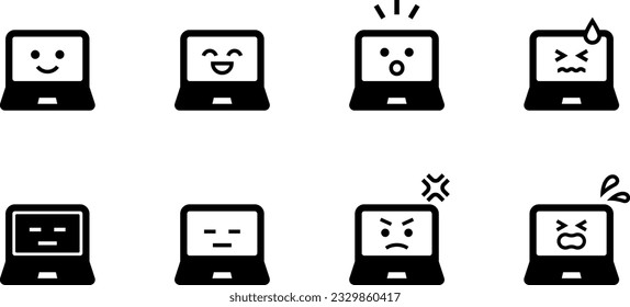 Various expressions of laptop computer icons with faces