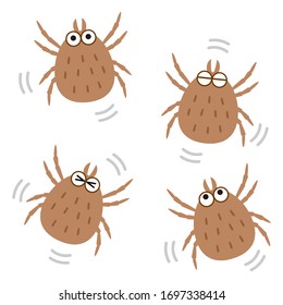 Various expressions of moving mites, 4 patterns. Cartoon style vector illustration.