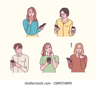 Várias expressões de pessoas segurando telefones celulares. ilustrações de design vetorial de estilo desenhado à mão. 