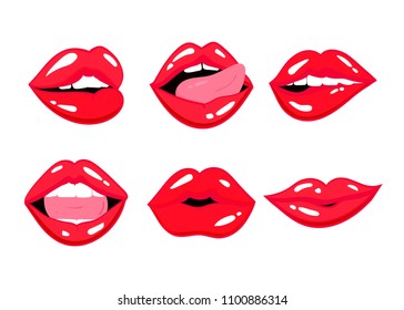 Various expressions of red lips. Vector set. All objects are isolated