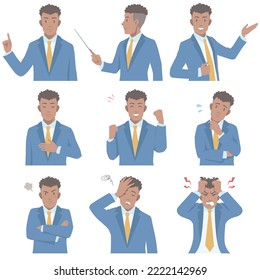 Various expressions of young african american businessman on white background. Flat vector illustration isolated on white background.