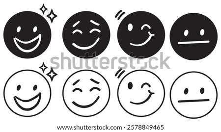 Various Expressive Emoticon Faces in Solid and Outline Styles. Isolated On Transparent Background.