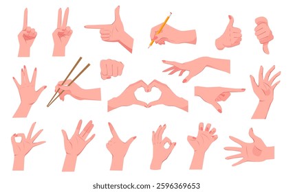 Various expressive hand gestures set on white background. Vector illustration