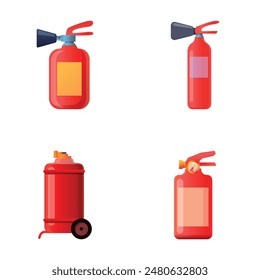 Varios iconos de extintor conjunto de Vector de dibujos animados. Extintor de incendios rojo. Dispositivo diseñado para extinguir incendios