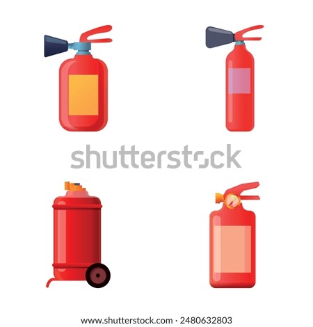 Various extinguisher icons set cartoon vector. Various red fire extinguisher. Device designed to extinguish fire