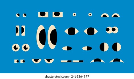 Various Eyes with different Emotions, look, expression. Big, small, suspicious, happy, sad, angry eyes. Cartoon style. Flat design. Hand drawn trendy Vector illustration. Isolated design elements