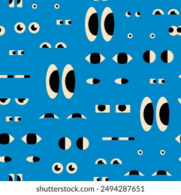 Various Eyes with different Emotions, look, expression. Big, small, suspicious, happy, sad, angry eyes. Cartoon style. Flat design. Hand drawn trendy Vector illustration. Square seamless Pattern