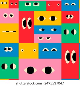 Various Eyes with different Emotions, look, expression. Big, small, suspicious, happy, sad, angry eyes. Cartoon style. Flat design. Hand drawn trendy Vector illustration. Square seamless Pattern