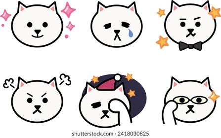 Various face emoticon sets of cartoon white cats. Vector illustration isolated on a transparent background. Includes six patterns.