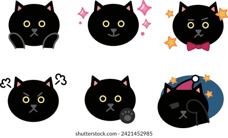 Various face emoticon sets of cartoon black cats. Vector illustration isolated on a transparent background. Includes 6 patterns.