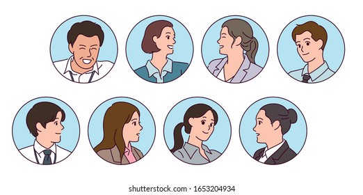 Various face icons of business people. Circular frame. hand drawn style vector design illustrations. 